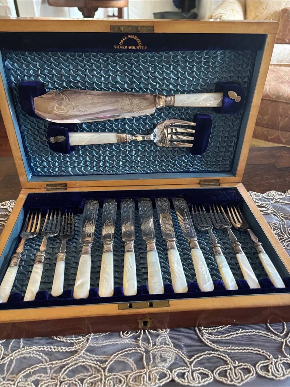 Mother of Pearl Handle Fish Cutlery Set - Silver Mounted
